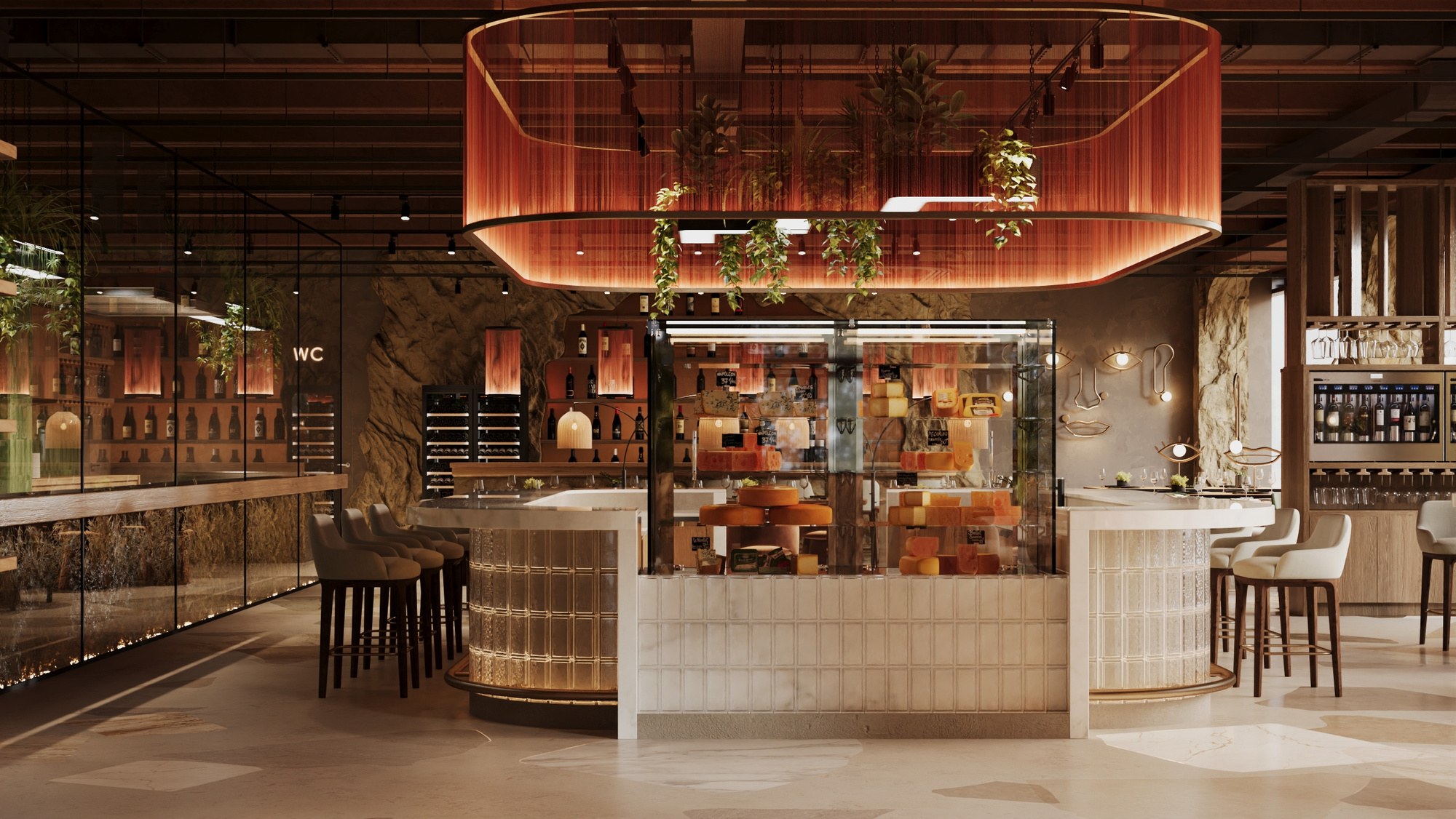 HoReCa пространство с баром и тёплым световым сценарием